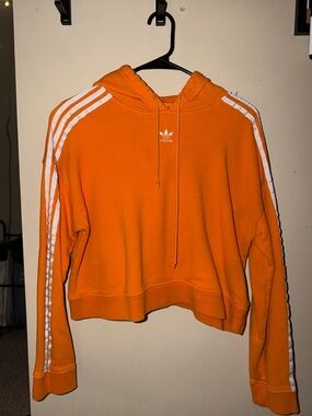 Adidas Orange Cropped Hoodie with White Stripes